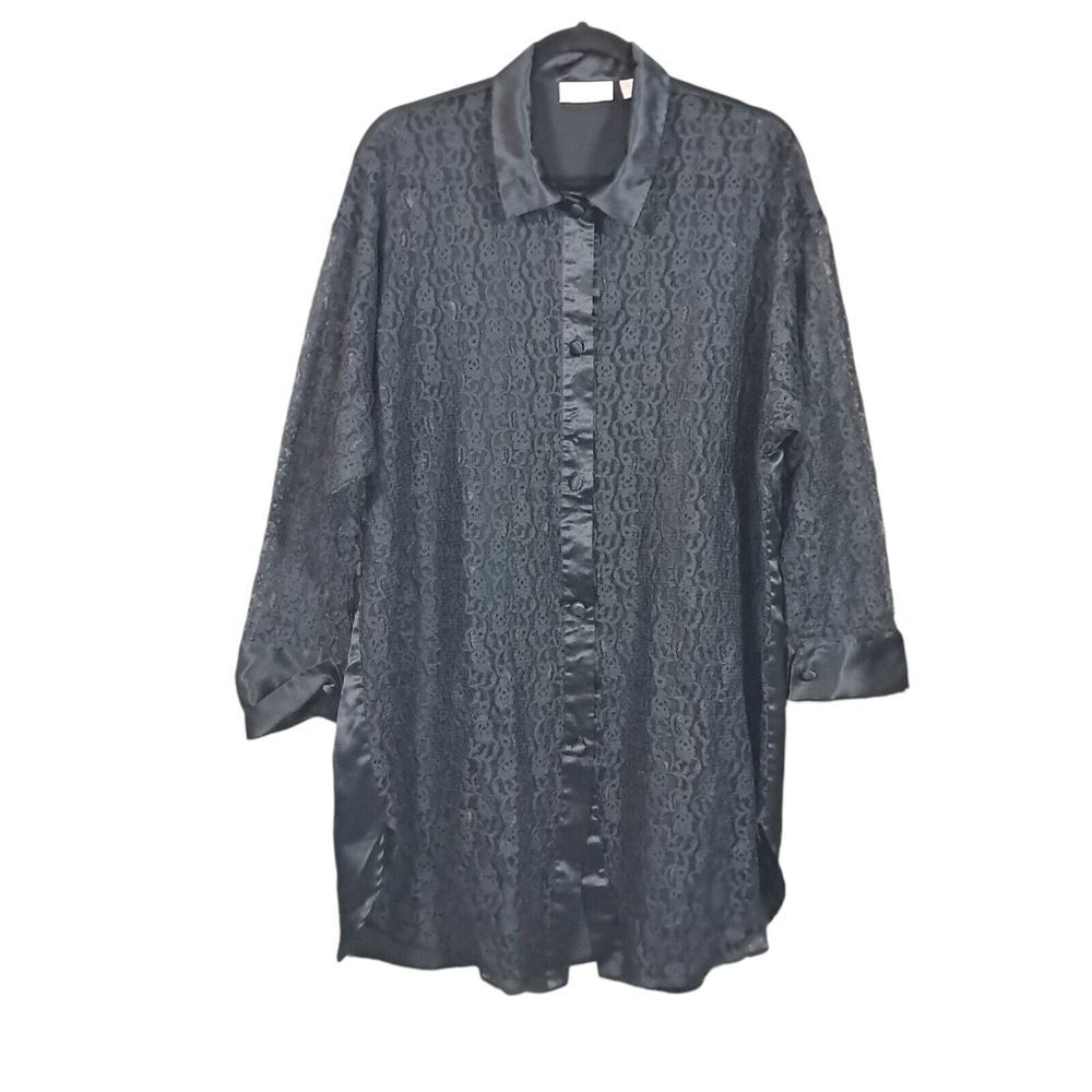 Victoria Secret Gold Label Tunic Top NavyBlue Lace Satin Long Sleeve M L Vintage